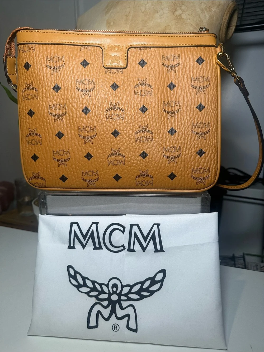 MCM Tan Visetos Logo Crossbody Bag with Black Accents